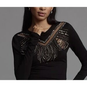 Anthropologie Rhinestone Embellished Black Top Sheer Mesh Motif Size M NWT